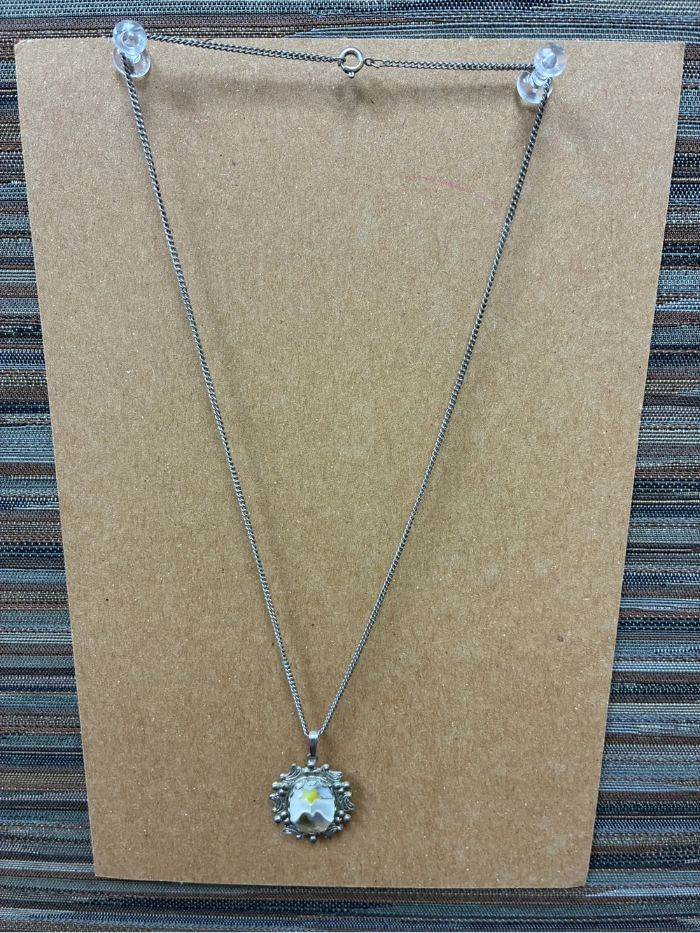 Old Silver-Tone Floral Pendant Necklace with White Center Stone
